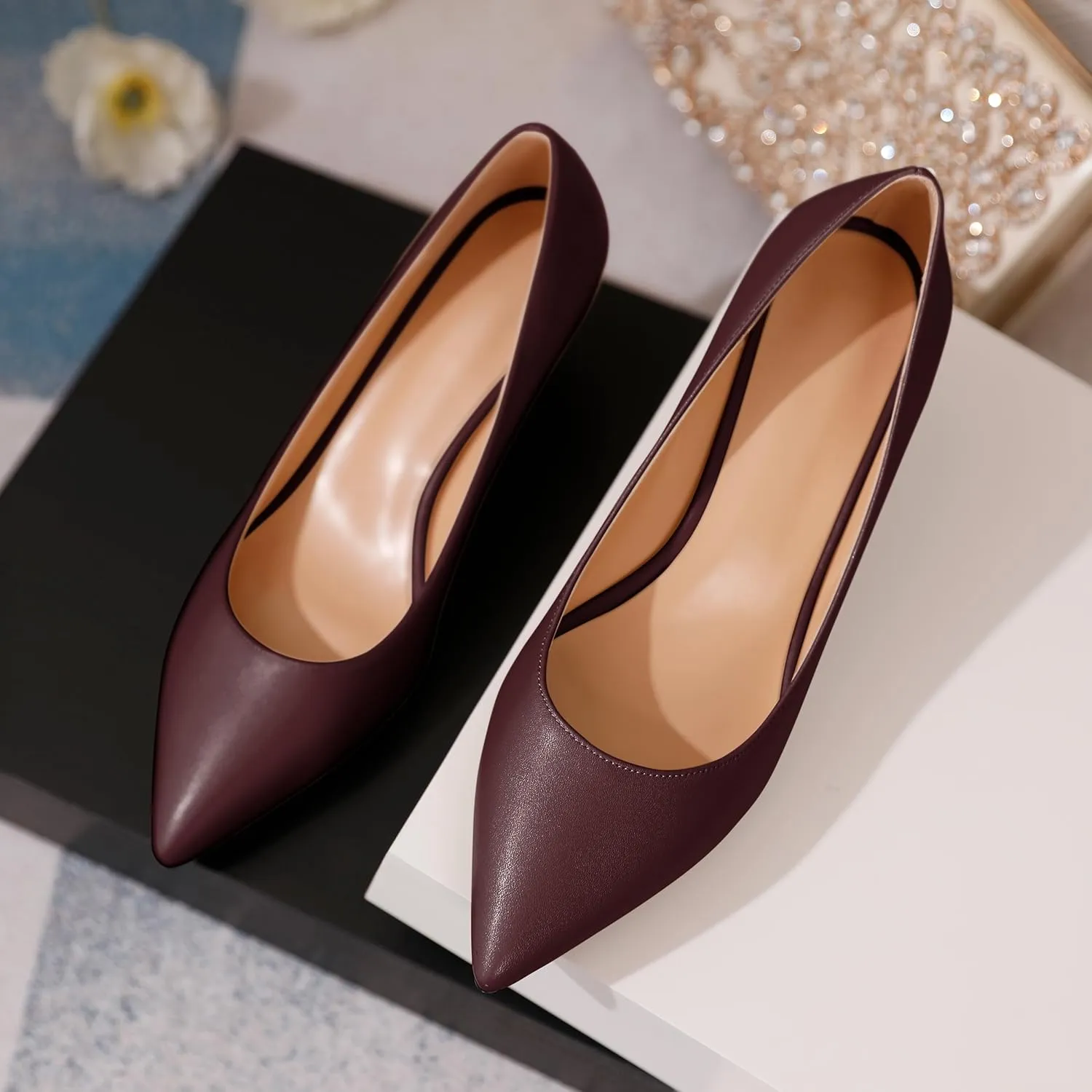 YODEKS Women's Pointed Toe Pumps 2" Kitten Middle Heel Chic Pumps Comfort Slip On Low Heel Dress Pumps Shoes
