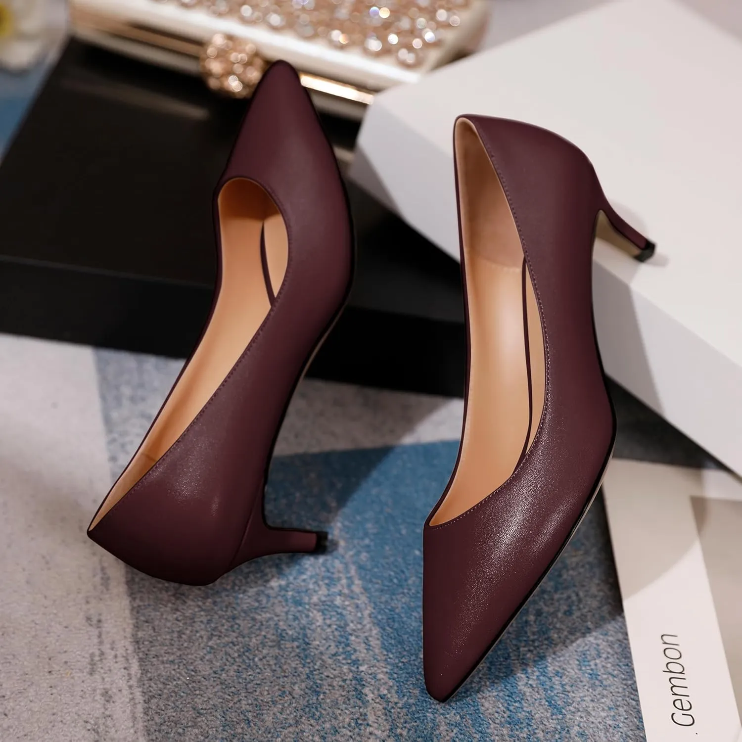 YODEKS Women's Pointed Toe Pumps 2" Kitten Middle Heel Chic Pumps Comfort Slip On Low Heel Dress Pumps Shoes