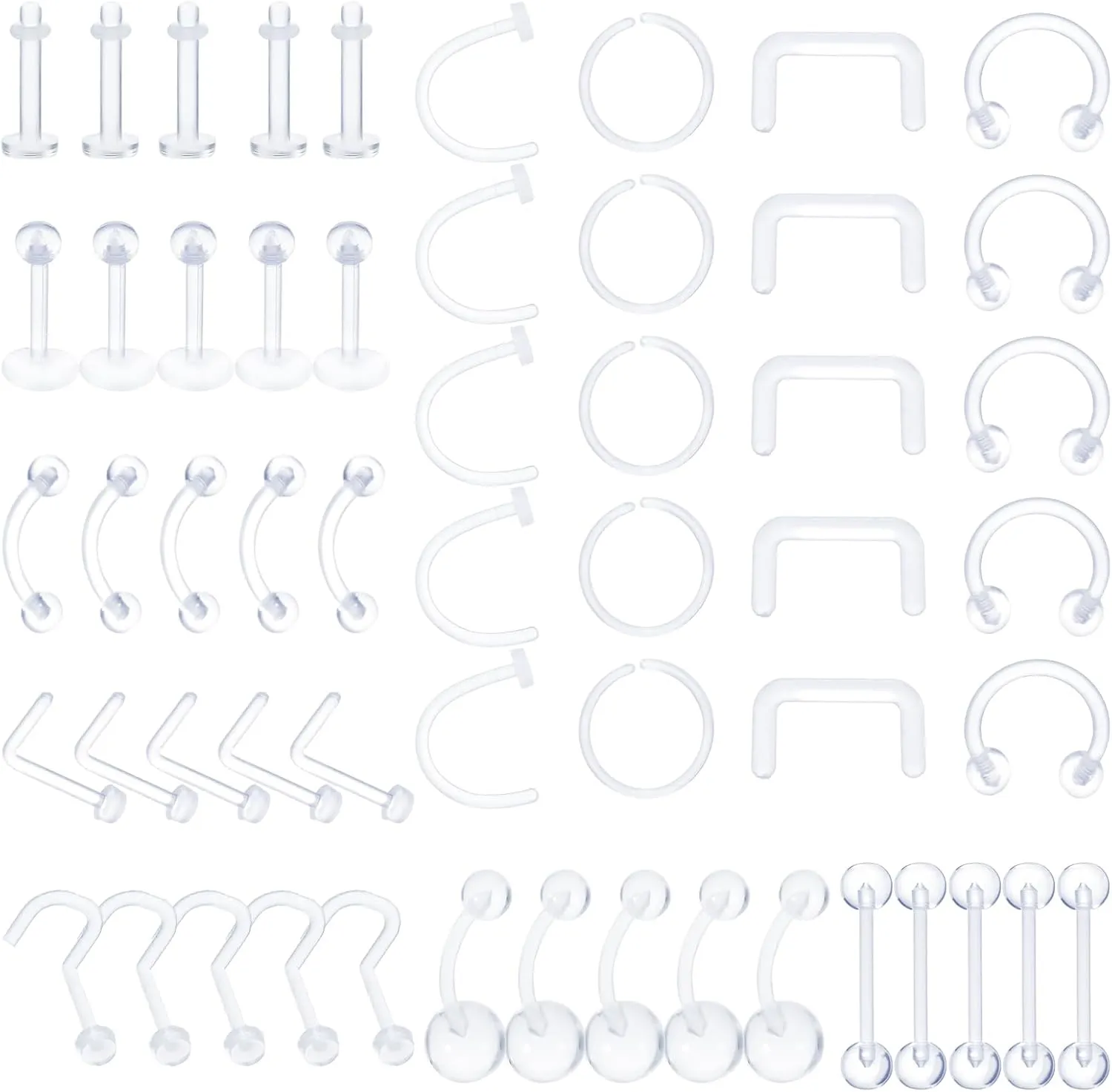 Yolev Clear Piercing Retainer Septum Retainers Nose Studs Flexible Lip Ear Nose Hoop Tongue Rings Nipple Ring Cartilage Piercing Retainer Plastic Industrial Barbell Piercing Retainer(55PCS