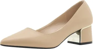 YooPrettyz Women Leather Pump Shoe Office Daily Wear Block Heel Work Pump Pointed Toe Polished Mid Heels