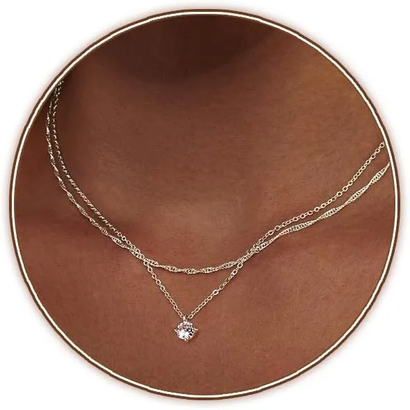 Zeffy Diamond Necklaces for Women, Dainty Gold Necklace 18k Gold Plated Layered Necklaces Simple Gold CZ Diamond Pendant Necklaces for Women Trendy Jewelry Gifts for Girls